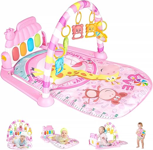 Baby Play Mat Gym with Piano Keys & 5 Pendants, Pink