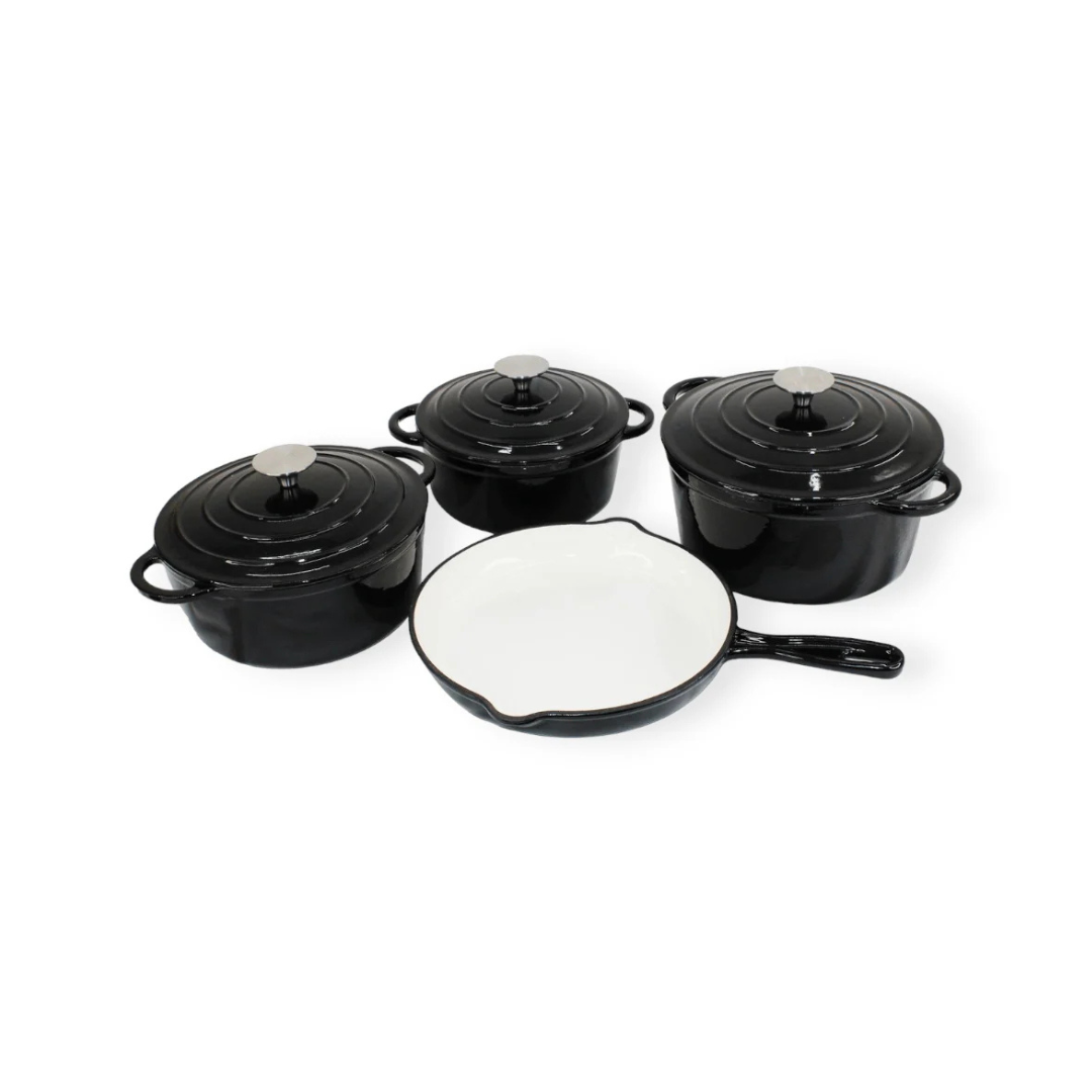 Cast Iron Pot Set, 7 Piece, Black, Enamel Coated, Non-Stick