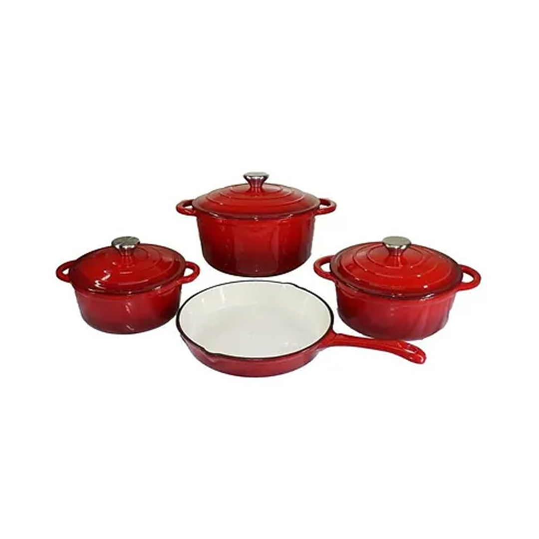 Cast Iron Pot Set, 7 Piece, Red, Enamel Coated, Non-Stick